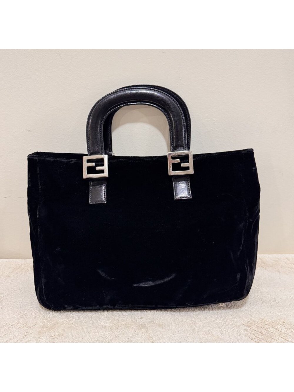 Vintage Fendi Black Velvet FF Top Handle Hand Bag Silver Hardware Made Italy